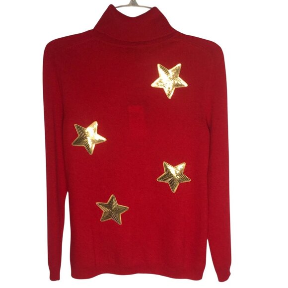 Cashmere  Sweater Womens Medium Red Turtleneck Gold Sequin Stars Celestial - Picture 3 of 16